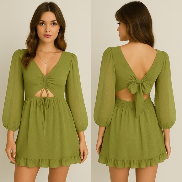 EXLURA Swiss Dot Sheer Puff Long Peasant Sleeve Ruched Front Mini Dress Size XL - Picture 1 of 13